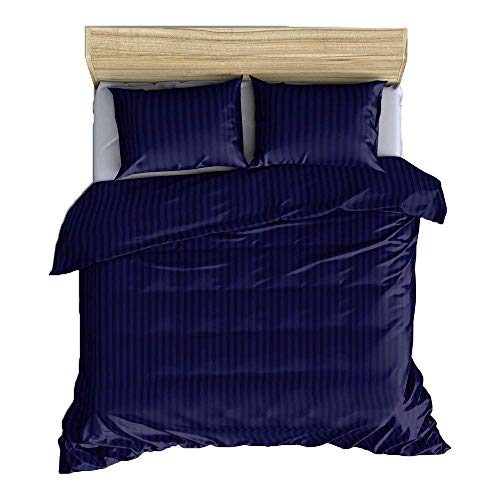 Image of YKC Glace Cotton Satin Striped Plain Color King Size Bedsheet for Double Bed with Two Pillow Covers (Navy Blue - 90 x 100 Inch)