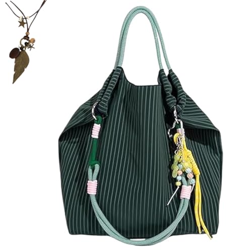 Women's Drawstring Striped Casual Shoulder Bag,Large Capacity Vegan Leather Purse,Top Rope Handle Tote for Work Daily