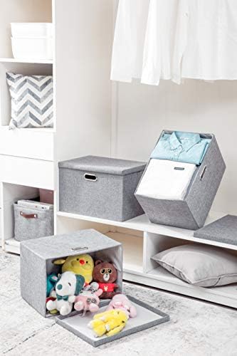 AlphaHome Large Storage Boxes with Lids [3 Pack], Foldable Linen Fabric Storage Baskets for Organising Clothes and Toys, Grey, 39x27x25cm