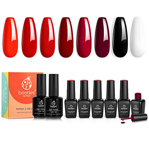 Beetles Red Gel Nail Polish Set - 6 Colors Bloody Mary Collection Popular Shimmer Red Burgundy Gel Polish Kit Christmas Nail Art Design, 2 Pcs 15ml Black White Colors Gel Polish Set Soak Off LED Nail
