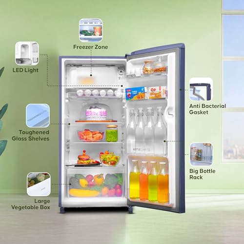 Image of Haier 185L 2 Star Direct Cool Single Door Refrigerator | Toughened Glass Shelves | Large Veg Box | Fast Ice Making | Longer Cooling Retention | Easy Clean Back (HED-19TRB-N, Radish Blue)