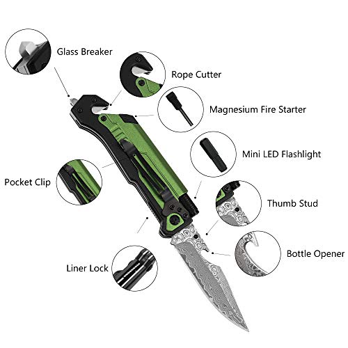 Image of ALBATROSS 6-in-1 Modern Damascus Steel Folding Pocket Knives with LED Light,Seatbelt Cutter,Glass Breaker,Magnesium Fire Starter,Bottle Opener;Multi-Function Emergency Tool(Green-DA)