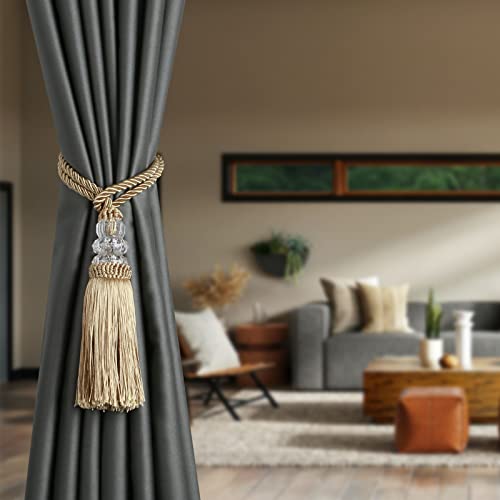 HedongHexi Curtain Tiebacks with Tassel, Outdoor Elegant Decorative Curtain Holdback,Modern Rope Window Curtain Ties Backs for Draperies with Hooks 2 Pack (4, Gold) - Thumbnail 4