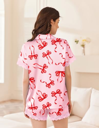 Image of Ekouaer Womens Lace Satin Pajama Set Button Down Pj Shorts Set Bridesmaids Getting Ready Outfits Casual Sleepwear XS-XXL