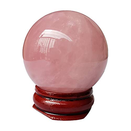 Manekieko 40mm Rose Quartz Healing Crystal Divination Sphere Sculpture Figurine Gemstone Ball,Feng Shui Chakra Aura Home Desk Decor Decorative Collection,With Wooden Stand