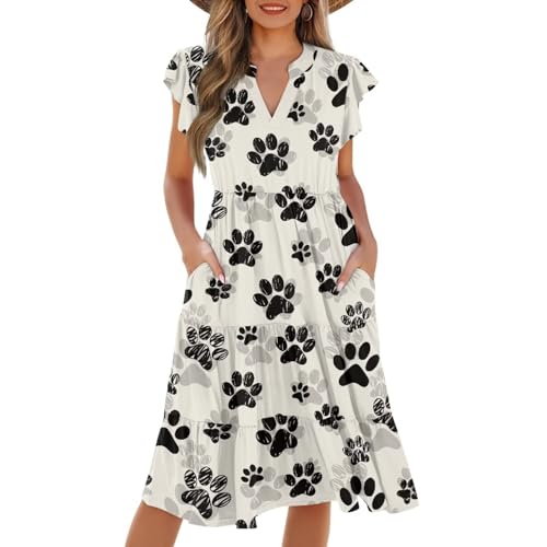 Image of Women's Casual Ruffle Sleeve Dress V Neck Pullover Dress Flowy A-Line Pleated Lightweight Dress with Pockets