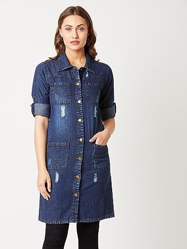 Image of Miss Chase Women's Polycotton Women Collared Full Sleeves Patch Pocket Denim Knee-Length Standard Length Jacket