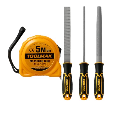 TOOLMAK Set Raspe per Legno 3 Pezzi 8” (200 mm) con Metro a Nastro 5M – Raspa Piana, Tonda e Mezzatonda – Kit Utensili per Fai da Te, Legno e Officina-TMK19476/TMK19775