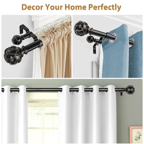 Image of KAMANINA 1 Inch Double Curtain Rods 66 to 120 Inches (5.5-10 Feet) Telescoping Heavy Duty Drapery Rod for Windows 54 to 115, Netted Texture Finials, Black
