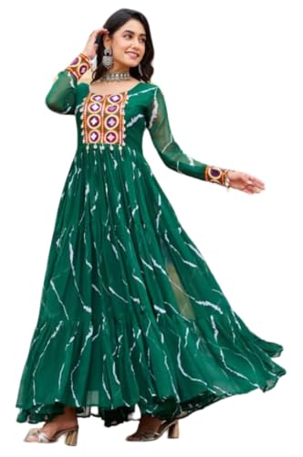 Ethnic 2 Modern Collection Leheriya Print Navratri Gown for Women Readymade One Piece Long Kurta for Garba Dandiya Dance (US, Alpha, Large, Regular, Regular, Green)