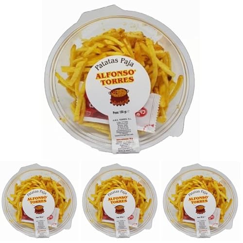 Patatas Fritas Paja. Tarrina de 130 gr. Elaboradas Artesanalmente. Patatas Gourmet Fritas en el mejor Aceite de Girasol, brindando una textura crujiente y un sabor inigualable. (Paquete de 4)