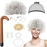 8 Stück Oma Perücke Kostüm Set, Oma Perücke Oma Brille Perücke Halskette Kostüm Accessoires Für 70er 80er 90er Oma Cosplay Zubehör Alte Dame Cosplay Set Halsketten Armband Perlenkette für Karneval