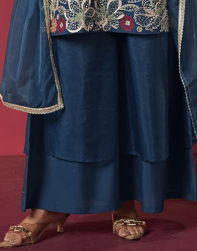 Image of Arangya Women's Embroidered Strappy Kurta & Flowy Palazzo with Organza Dupatta l Designer Ethnic Suit Set l Outfit