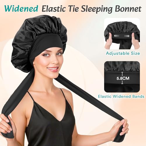 Euqvunn 2Pcs Hair Bonnet for Sleeping Satin Hair Bonnet with 6.2×63cm Widen Tie Band, Sleep Bonnet - Image 3