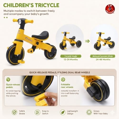 Image of 3-in-1 Toddler Tricycle | Slide, Pedal & Balance Bike for Kids | Adjustable Seat, Silent Wheels & Sturdy Frame | Ideal for 10 Months to 3 Years (Yellow)