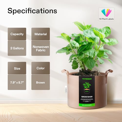 VIVOSUN 5-Pack 2 Gallons Grow Bags Heavy Duty Thickened Nonwoven Fabric Pots with Strap Handles Tan