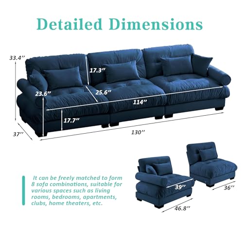 Image of SoarFlash 130 inch Sectional Sofa 3 Seat Couch, L Shaped Modern Sofa with Solid Wood Legs, Couches Sofas for Living Room Apartment, Comfortable Small Couches for Small Spaces, Blue