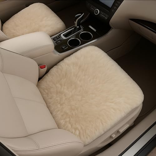 Image of Premium 3Pcs Car Seat Cover /Pad /Cushions | Luxury and Soft Rabbit Fur Cover | Fluffy Plush Vehicle Protector Pad with Non-Slip Backing | Universal Fit For Most Vehicles | Colour: Beige
