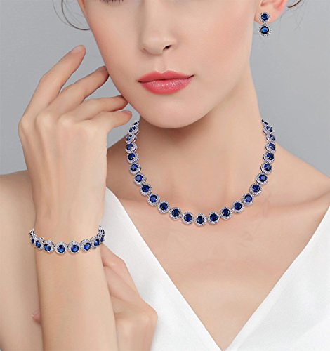 Ever Faith Silver-Tone Round Cut Cubic Zirconia Tennis Necklace Bracelet Earrings Set Sapphire Color #TOP1