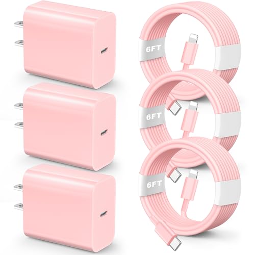 for iPhone Charger Fast Charging,?MFi Certified? 3 Pack 20W PD USB C Wall Charger Adapter with 6FT USB C to ightning Fast Charging Cable Compatible with iPhone 14/13/12/11/Pro/Pro Max/Xs/Xr/X, Pink