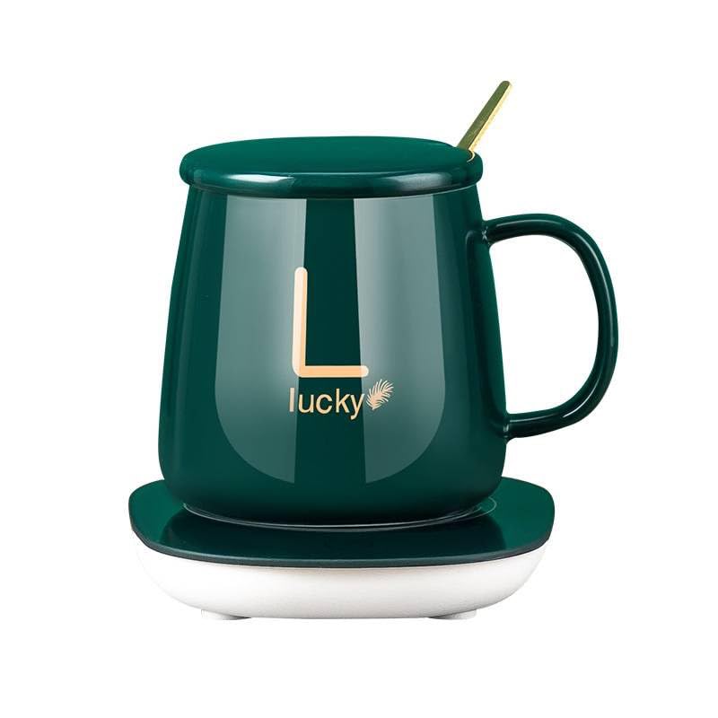Lucky Smart Mug - Self Heating Coffee Mug with Charging Coaster 131°F/55°C, Royal Green 14 oz. with Lid and Spoon - Electric Beverage Warmer for Coffee, Milk, Tea, Hot Chocolate, Home & Office Use