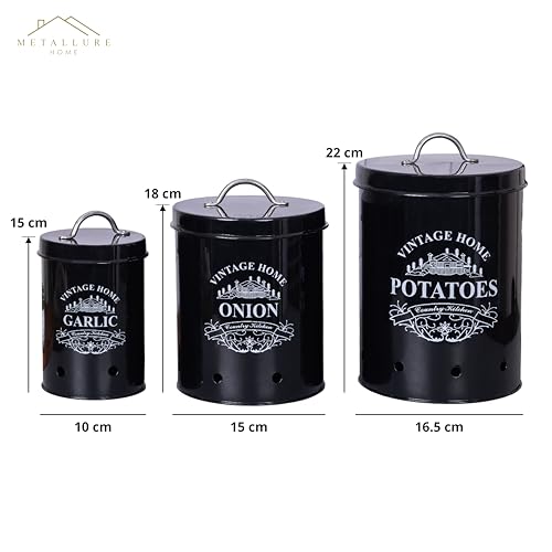 Image of Metallure Home Round Classic Kitchen Storage Containers | Set of 3 Metal Jars With Lid | Potato, Onion & Garlic (Food Safe) (Black)