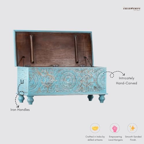 Image of Natura Solid Wood Coffee Table for Living Room Wooden Trunk Box for Storage | Handcrafted Center Table for Living Room with Sandook Storage | Pitara for Home and Bedroom (Blue Distress)