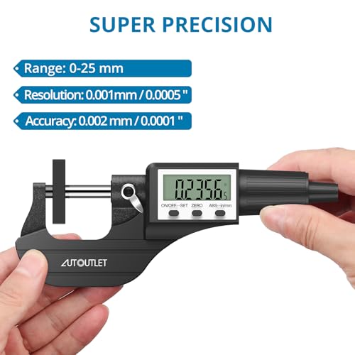 AUTOUTLET Micrometer Digitale Bügelmessschraube 0-25mm/ 0.001mm, Hohe Präzision LCD Digitale Mikrometer Mikrometerschieber Länge Messwerkzeug Mikrometer 0.001mm(0.00005\)-Schwarz
