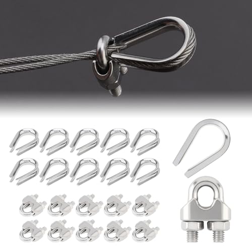 10 morsetti per cavi da 3/16 pollici, 10 ditali M5 in acciaio inox, morsetti per funi metalliche M5, clip per cavi, bulloni a U, set di ditali per cavi