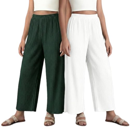 Image of Set of Combo Trouser and Pants for Girls and Women's Relaxed Fit Stretchable Regular Fit Palazzos Lightweight Elastic Waistband Bottoms for Daliy Office & Casual Wear