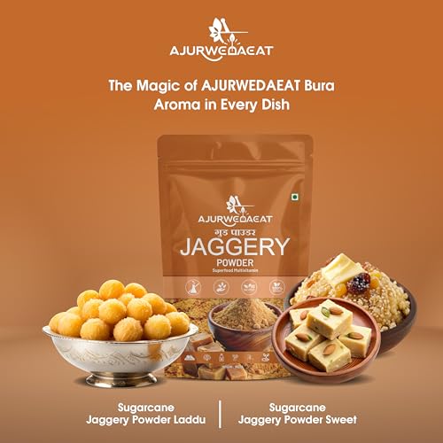 Image of AJURWEDAEAT Organic Jaggery Powder | Natural Sweetener Traditional Indian Gud | Chemical Free Unrefined Sugar Alternative for Tea Coffee Sweets Cooking Baking Healthy Daily Use (950 GM)