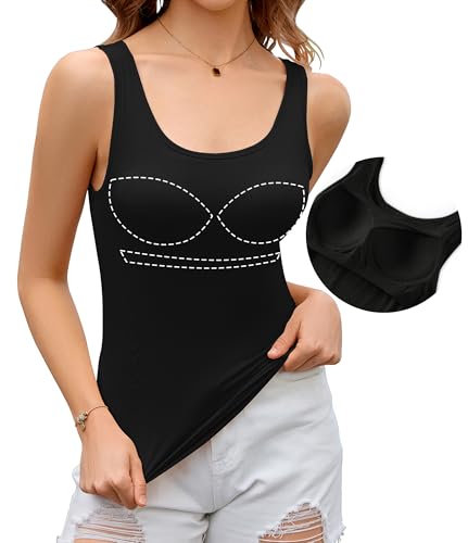 Livonmone Damen Sommer Tank Top Unterhemd Integriertem BH Ärmellose Yoga Workout Oberteil Schwarz L