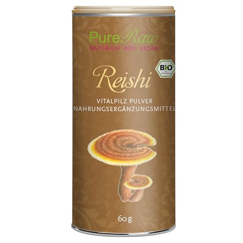 Reishi Pilz Pulver Premium LingZhi (Bio Vegan) Vitalpilze Ganoderma Lucidum Pilze Dose - Pilzpulver Superfood als Kaffeeersatz Smoothie TCM - Organic Ling Zhi Mushroom Powder | PureRaw 60g