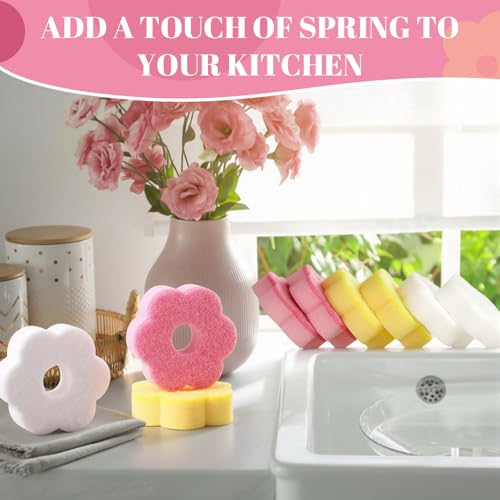 Image of Tioncy 12 Pack Pink Flowers Sponges Bulk Spring Kitchen Decor Dual Sided Scrubber Sponges Dishwashing Kitchen Cleaning Accessories for Household Supplies
