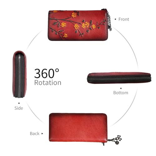 Image of Wallet Genuine Leather for Women - with RFID Blocking Card checkbook ID Slot Large Capacity Vintage style (flower red)
