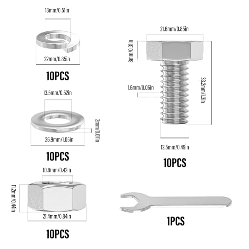 Image of 10PCS 1 /2-13 x 1 304 Stainless Steel External Hex Bolt, Fully Threaded Bolt with Nut Flat & Lock Washers and Spanner