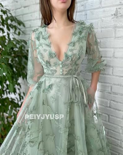 Long Sleeve Prom Dress 3D Butterfly Tulle Ball Gown for Women 2025 V Neck Puffy Formal Evening Gowns with Pockets2