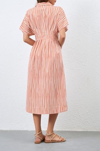 Image of Women's Striped Button Front Pleated Maxi Shirts Dress Short Sleeve Collar V Neck Summer Casual Corset Long Dress