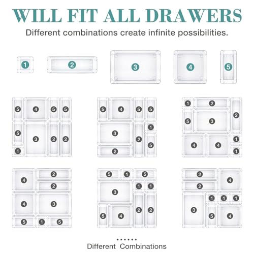 Image of StorMiracle 16 PCS Drawer Organizer Set, 5 Varied Size Bathroom and kitchen Drawer cabinet organizer Trays, Clear Storage Bins for Makeup, Jewelry, Utensils and Gadgets