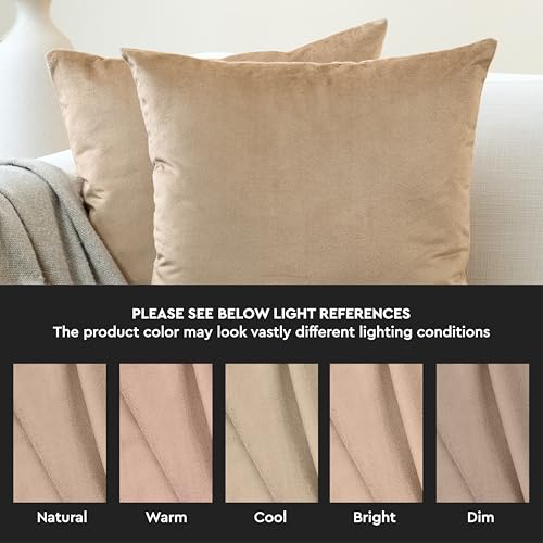 Image of Encasa XO Velvet Throw Pillow Covers 16x16 in (40x40 cm) - Beige - No Inserts, Pack of 2 Cases | Solid Plain Dyed Soft & Smooth, Square Decorative Cushion Covers for Living & Bedroom