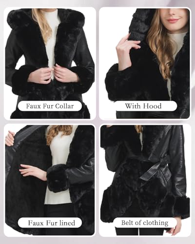 GRAN ORIENTE Women's Faux Leather Coat with Faux Fur Collar,Winter Warm Belted Mid Length Trim Jacket Fur Lined with Hood4