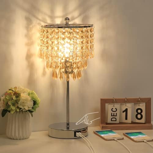USB Bedside Crystal Lamp, 3 Way Touch Control Table Lamp with 2 USB Ports, Dimmable Nightstand Lamp with Amber Yellow Shade, Modern Decorative Lamp for Bedroom, Living Room, B11 6W LED Bulb Included