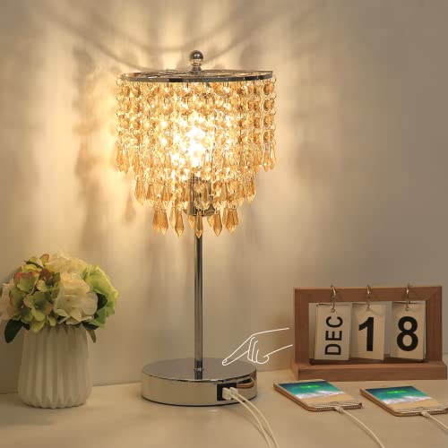 Usb Bedside Crystal Lamp, 3 Way Touch Control Table Lamp With 2 Usb Ports, Dimmable Nightstand Lamp With Amber Yellow Shade, Modern Decorative Lamp For Bedroom, Living Room, B11 6W Led Bulb Included #TOP3