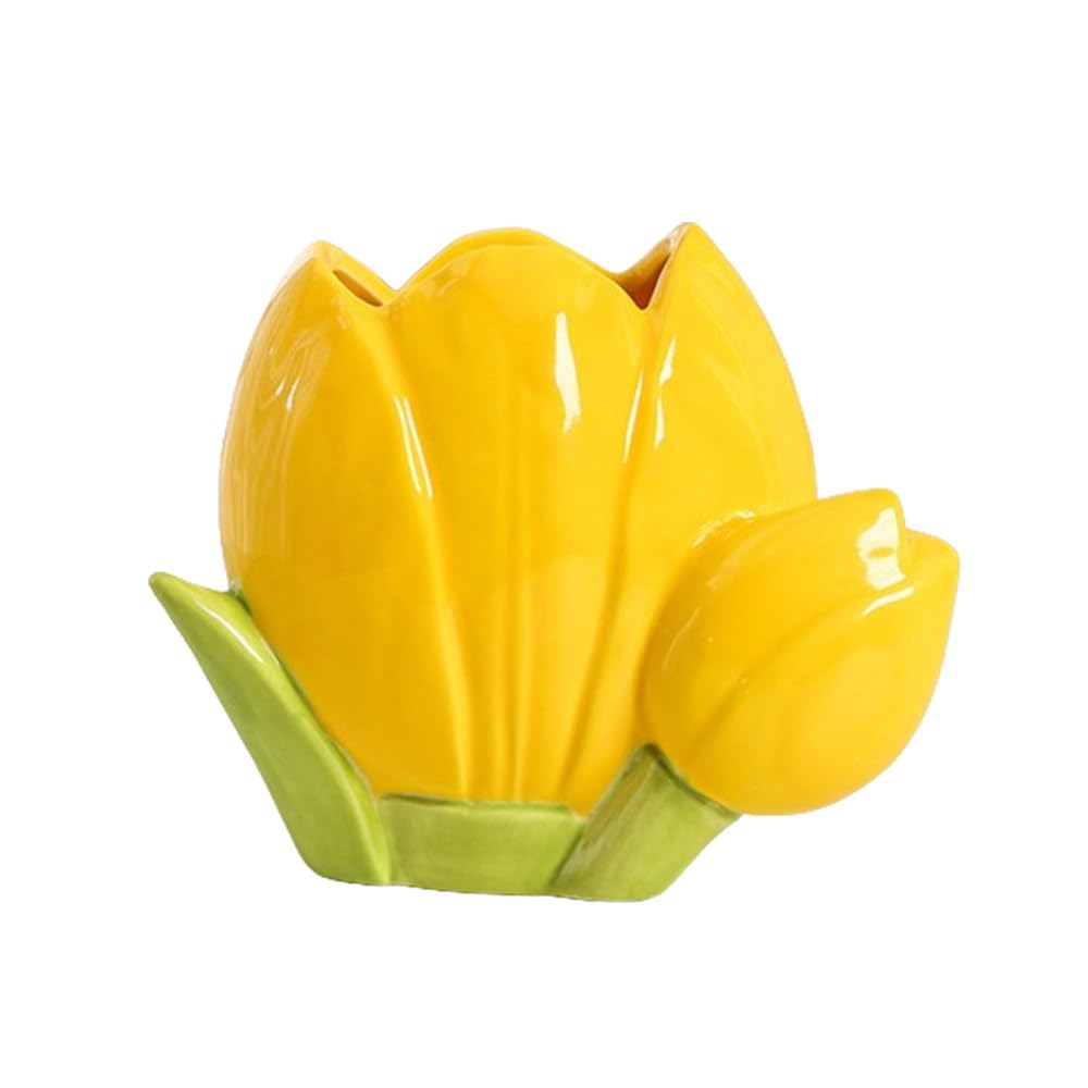 Hosoncovy Ceramic Tulip Makeup Brush Organizer Pot Makeup Brush Holder Pen Pot Pencil Holder Flower Vase (Yellow)