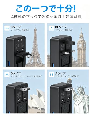 海外 変換プラグ 全世界対応 【25W/薄型軽量/温控搭載】 4ポート AC/USB-A/USB-C 海外電源変換器 マルチ変換プラグ 電源変換アダプターアメリカ/ヨーロッパ/イギリス/オーストラリア/韓国 SEなど200以上の国・地域に対応 携帯に便利なコンパクト設計