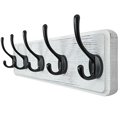 WEBI Percheros Pared Madera,44cm Colgador Pared,Percha Pared,Colgadores Pared,5 Ganchos Para Abrigos,Chaqueta,Negro sobre Blanco