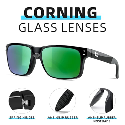 B.N.U.S Corning Glass Lens Polarized Sunglasses for Men & Women - Black Frame/Green Mirrored Lens2