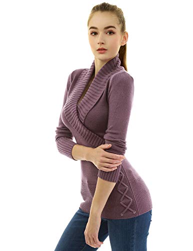 AmélieBoutik Women Slim Fit Sexy Casual Shawl Collar Faux Wrap Lace Up Long Sleeve Sweater3