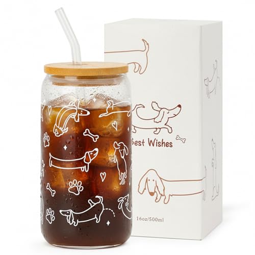 KMCCUMBER Dachshund Glass Cup with Lid & Straw for Dog Lovers - 16oz Cute Funny Weiner Dog Iced Coffee Cup Smoothie Tumbler Dog Owner Gift for Friend Mom Wife Pet Mommy Teen Girls Valentines Gifts