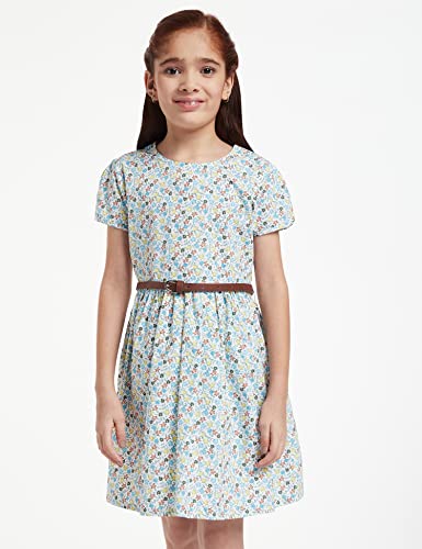 Image of Amazon Brand - Jam & Honey Girl's 100% Soft & Pure Cotton Comfortable and Stylish Printed Woven Dress with Short Sleeves and Belt - Perfect for Every Occasion